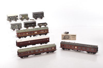 Lot 718 - Scratchbuilt 0 Gauge LMS maroon coaches and kit/scratch built GWR and MR wagons (10)