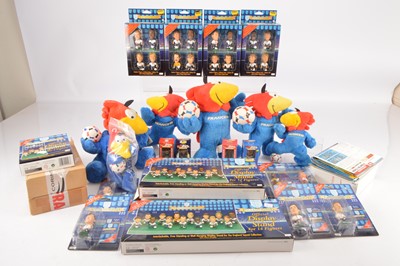 Lot 557 - Large quantity of Corinthian England Squad Football Figures circa 1995-6 and later in single and multi packs with stands and year books and France 98 Mascots (qty)
