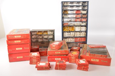 Lot 570 - Large Collection of Tri-ang Spot On  Arkitex 00 Gauge Boxed Sets and spares and large qty of loose spares in two metal and plastic drawer units (qty)