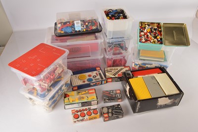 Lot 577 - Very large collection of 1960's-1970's loose Lego including Railway parts Gear sets (boxed) Ship Hulls and all types of Bricks Doors Windows and other parts (large qty in 11+ small plastic boxes in