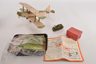 Lot 578 - Meccano Constructor single engine Bi-Plane and spare parts and Accessories for High Wing Cabin Monoplane/ Airliner/Flying Boat and a clockwork  Armoured Car (qty)