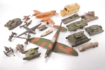 Lot 595 - Large collection of wartime and post WW2 playworn toys including Tri-ang Forts although  mostly home-made wooden toys including Tanks Aircraft and Ships (qty)