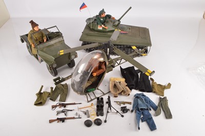 Lot 599 - Three Action Man figures spare uniforms and equipment and Scorpion Tank and Land Rover (qty)