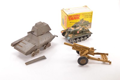 Lot 616 - Home made scratchbuilt pre WWII mixed metals Tank and 1970's Marx plastic Tank and Field Gun (3)