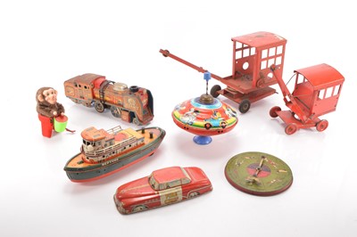 Lot 617 - Collection of playworn Tin Toys and pair of Tri-ang Steel Mobile cranes (8)