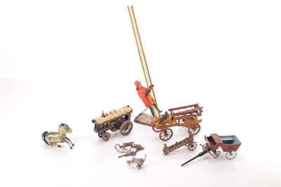 Lot 619 - Collection of vintage and modern Tin and Cast Iron Toys including Kingsbury Toys 1930's Fire Engine and six Keys (12)