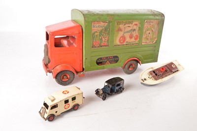 Lot 620 - Tri-ang large steel Lorry Minic clockwork vehicles and plastic Boat (4)