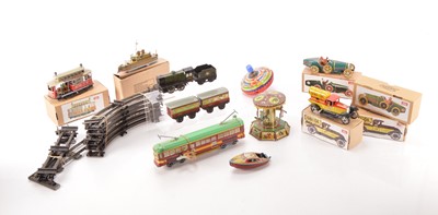 Lot 630 - Paya clockwork Vehicles mostly boxed and unboxed Hornby Train Set and other Tin Toys (qty)