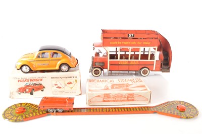 Lot 632 - Taiyo Japan tinplate VW Beetle and Mettoy Steamline Train and Far East large scale metal General Bus (3)