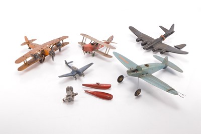 Lot 644 - Meccano Bi-plane and four playworn Model Aircraft including Keilkraft and a 1940's Recognition model and an incomplete petrol engine (6)