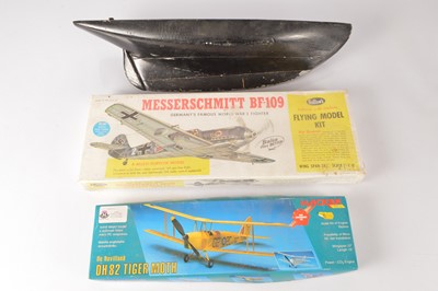 Lot 645 - Guillow's and Hacker plastic and Balsa unmade Plane kits and vintage Pond Yacht Hull