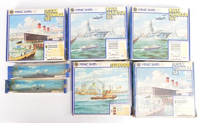 Lot 678 - Hornby Minic Ships (ex Tri-ang) boxed Ocean Teminal and Quay Sets and Naval Sets and Naval vessels (7)