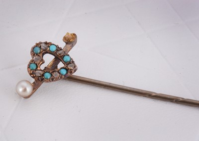 Lot 4 - A 15ct gold turquoise and rough diamond and seed pearl heart shaped stick pin