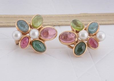 Lot 52 - A pair of 14ct gold multi gem set and pearl earrings, 2cm x 1.6cm with post backs and hinged clips, 5.4g