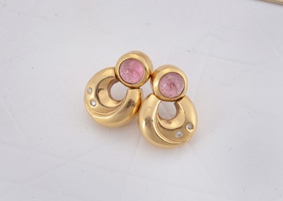 Lot 71 - A pair of continental yellow metal rose quartz and diamond drop earrings