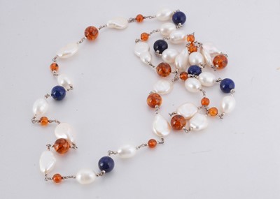 Lot 132 - A contemporary freshwater pearl, amber and lapis lazuli necklace