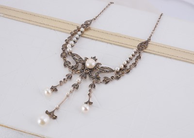 Lot 135 - An Edwardian style silver, marcasite and pearl fringe necklace