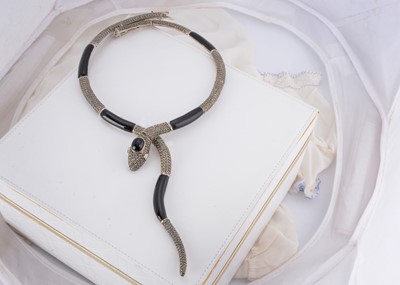 Lot 136 - A contemporary silver, marcasite and onyx serpent necklace