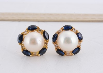 Lot 227 - A pair of 9ct gold pearl, sapphire and diamond stud earrings