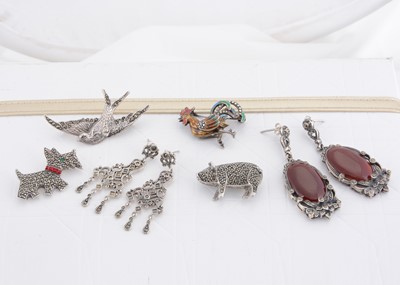 Lot 233 - A collection of marcasite brooches and earrings