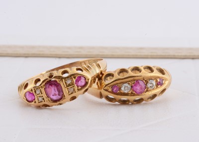 Lot 241 - Two 18ct gold ruby and diamond three stone dress rings