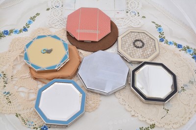 Lot 335 - Six 1930s octagonal chromed and coloured enamel decorated compacts