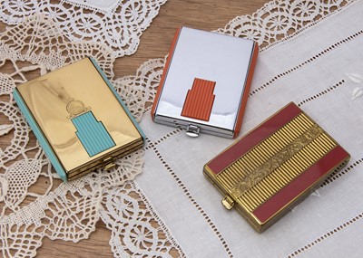 Lot 353 - Three rectangular early 1930s Coty fold over catch vanity compacts