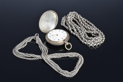 Lot 435 - Two Victorian opera length silver muff chains and a full hunter pocket watch