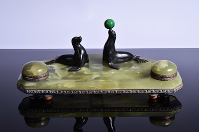 Lot 491 - An Art Deco period Austrian onyx and bronze mounted desk ink stand