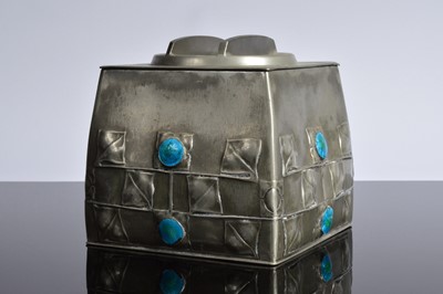 Lot 493 - An Arts & Crafts period pewter and enamelled biscuit barrel designed by Archibald Knox for Liberty & Co