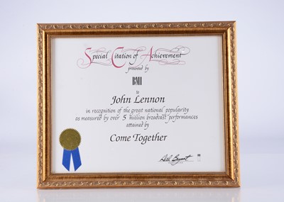 Lot 364 - John Lennon / BMI Special Citation of Achievement Certificate