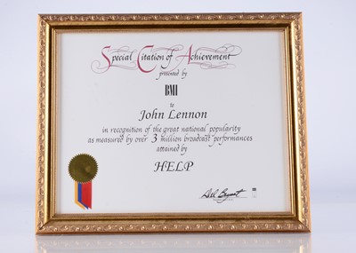 Lot 365 - John Lennon / BMI Special Citation of Achievement Certificate