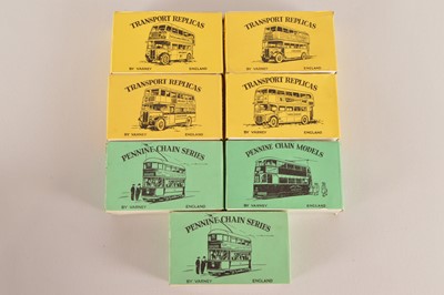Lot 429 - Varney Transport Replicas and Pennine Chain Series 00 Gauge boxed Double Deck Buses and Trams unmade kits (7)