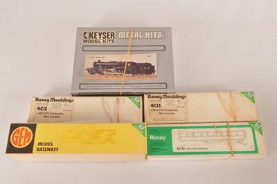 Lot 439 - GEM and Keyser K's 00 Gauge Boxed LMS Locomotive and Tender Kits and three Roxey Mouldings unmade LMS Coach Kits (5)