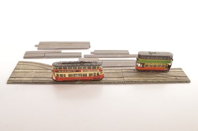 Lot 449 - Pair of 00 Gauge Kitbuilt Motorised Tram and seven pieces of 2-Rail Tramway (9)