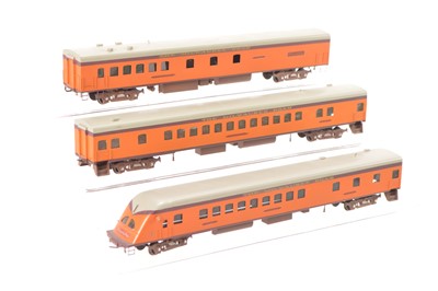 Lot 549 - Nickel Plate Products Kumata Japan factory painted Brass HO Gauge Milwaukee St Paul and Pacific orange  Hiawatha 3-Car Coach Set (3)