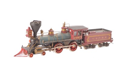 Lot 551 - United Scale Models Tokyo Japan painted Brass HO Gauge Virginia and Truckee Railroad maroon and blue 4-4-0 Locomotive 'Inyo'  with cowcatchers and 8-wheel bogie tender