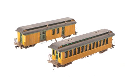 Lot 557 - Pair of wood construction painted HO Gauge Denver and Rio Grande Western yellow and green bogie coaches (2)