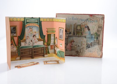 Lot 1084 - A rare German for the Dutch market A. Sala (Berlin) ‘Het te Hus voor Poppen’ The Home for Dolls folding card dolls’ house, circa 1900
