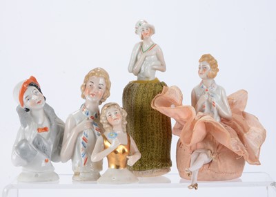Lot 1303 - Five German pin-cushion/half dolls