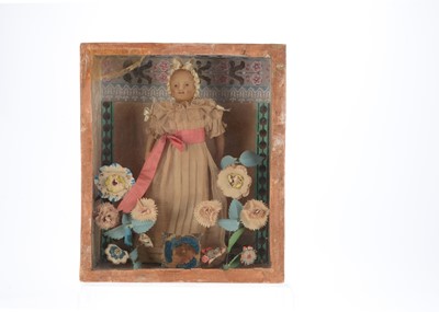 Lot 1446 - An early 19th century English wax doll presented in shadow box