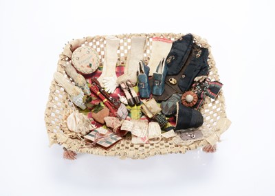 Lot 1458 - A mid 18th century English needlework and pin work basket containing an assortment of doll, sewing and miniature items