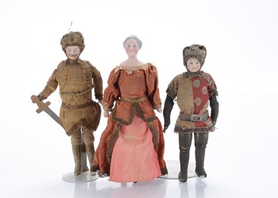 Lot 1549 - Three dolls’ house medieval bisque shoulder-head dolls