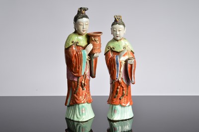 Lot 78 - Two damaged mid 20th century Chinese porcelain figural candle holders
