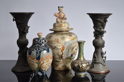 Lot 82 - Two Japanese earthenware covered jars and three other items
