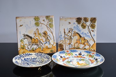 Lot 142 - A pair of large Majolica pottery tiles and two other items