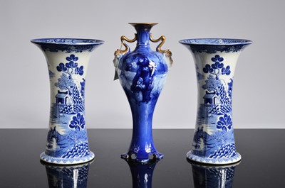 Lot 155 - An Art Nouveau Royal Doulton Blue Children vase and a pair of Mason's blue and white vases