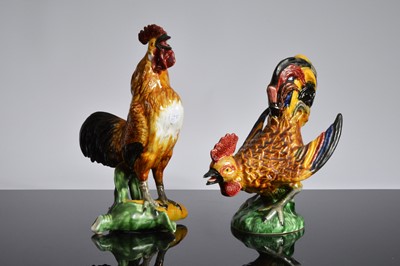 Lot 156 - A pair of Portugeuse pottery fighting cockerals