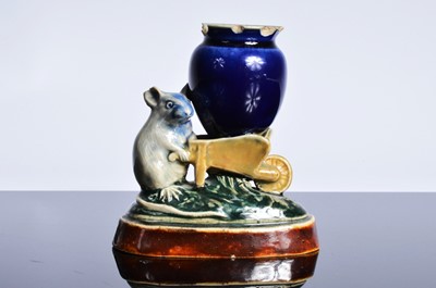 Lot 163 - A damaged Royal Doulton stoneware comical mouse with wheel barrow sculpture after George Tinworth