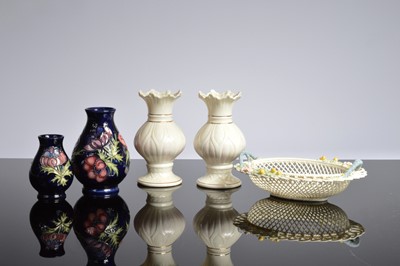 Lot 203 - Two modern Moorcroft Pottery vases and three Belleek parian porcelain items